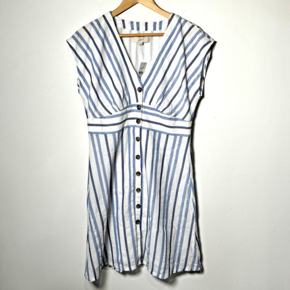 LOFT Blue and White Striped Button-Front Dress